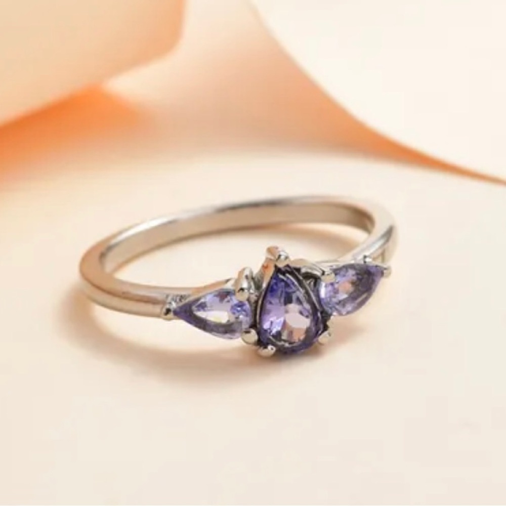 Genuine Teardrop 3 Stone Tanzanite Ring in Stainless Steel